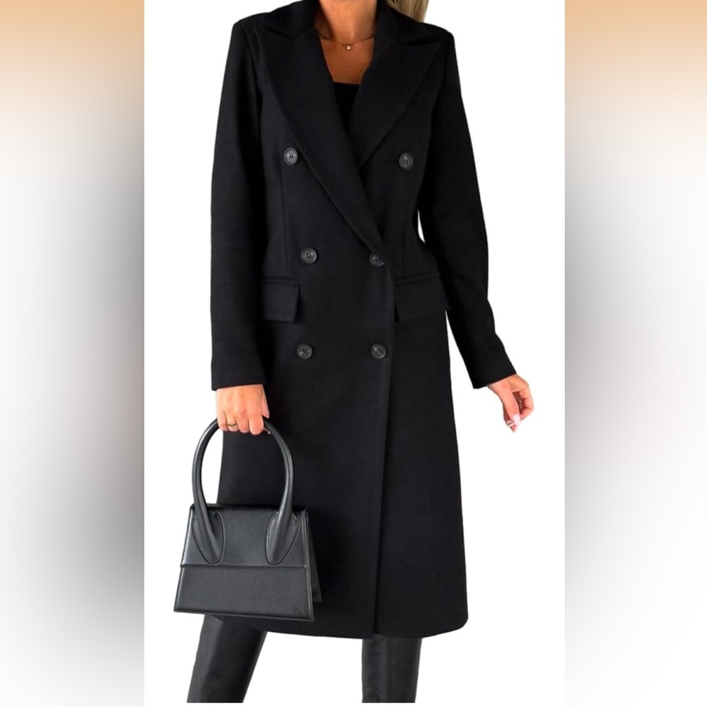 IDEALSANXUN Classic Black Double-Breasted Wool Blend Coat Sz XL